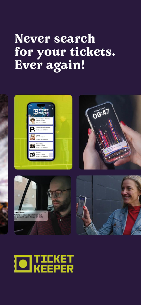 Promotional image for Ticketkeeper app showing a mobile ticket wallet and people using it for event entry