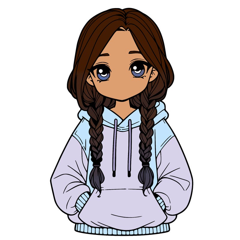 a realistic girl with a oversized hoodie and she has braids