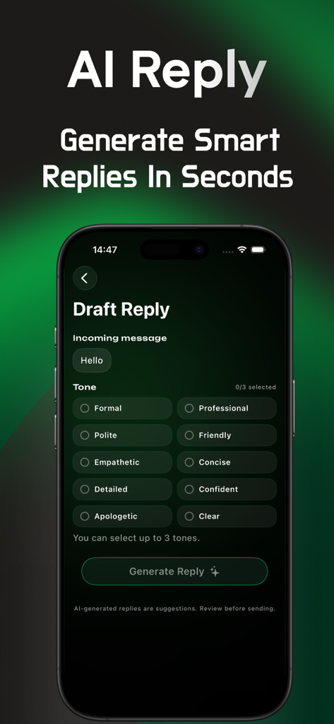 Waper: Recover Deleted Message - The AI Reply Assistant screen in the Waper app showing options to select different message tones and generate smart replies