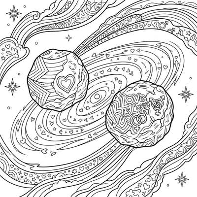 Journey through the cosmos with this unique Binary Asteroids Pride coloring page, celebrating love in all its forms. Discover intricate patterns, "Love is Love" messages, and symbolic elements ready for your creative touch.