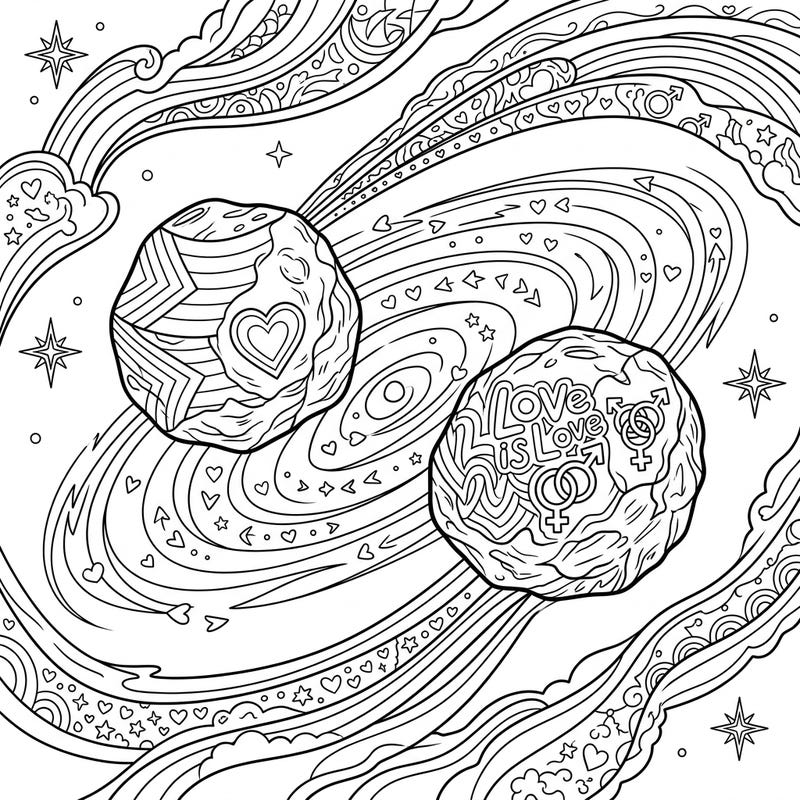 Journey through the cosmos with this unique Binary Asteroids Pride coloring page, celebrating love in all its forms. Discover intricate patterns, "Love is Love" messages, and symbolic elements ready for your creative touch.