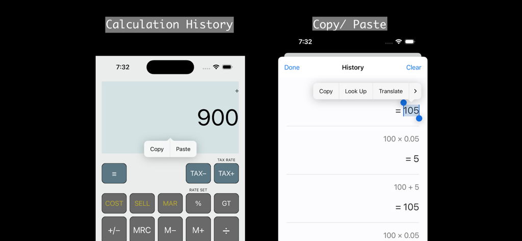 Simple Calculator. + - Capturas de tela do aplicativo Simple Calculator mostrando a tela de histórico de cálculos e a funcionalidade de copiar e colar