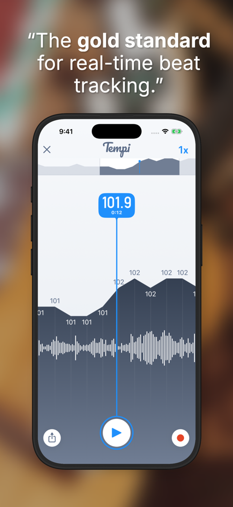 Tempi: BPM Counter & Detector - Schermata dell'iPhone che mostra l'interfaccia dell'app Tempi con un contatore BPM in tempo reale di 101,9 e un grafico della deriva del tempo.