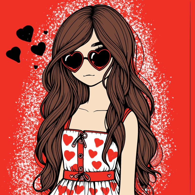 realistic girl valentine vibes long hair and cute clothes with heart sun glasses one girl