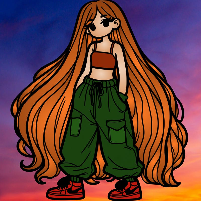 girl in baggy pants and a crop top with super longhair