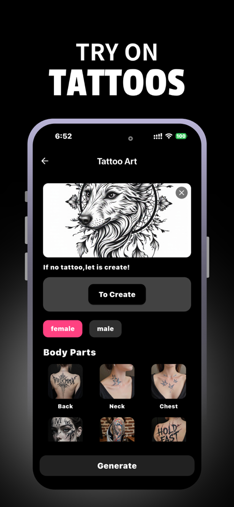 AI TattooGen - Ink Art - Interfaccia dell'app AI TattooGen che mostra la funzione di prova AR con opzioni di parti del corpo come collo posteriore e petto