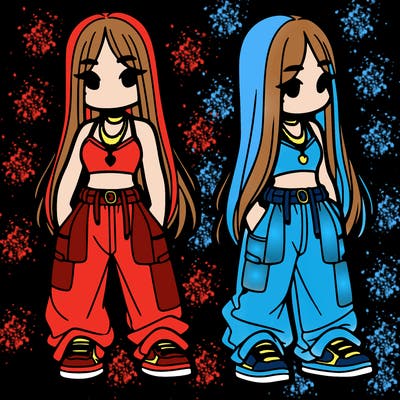 girl in baggy pants crop top and long hair