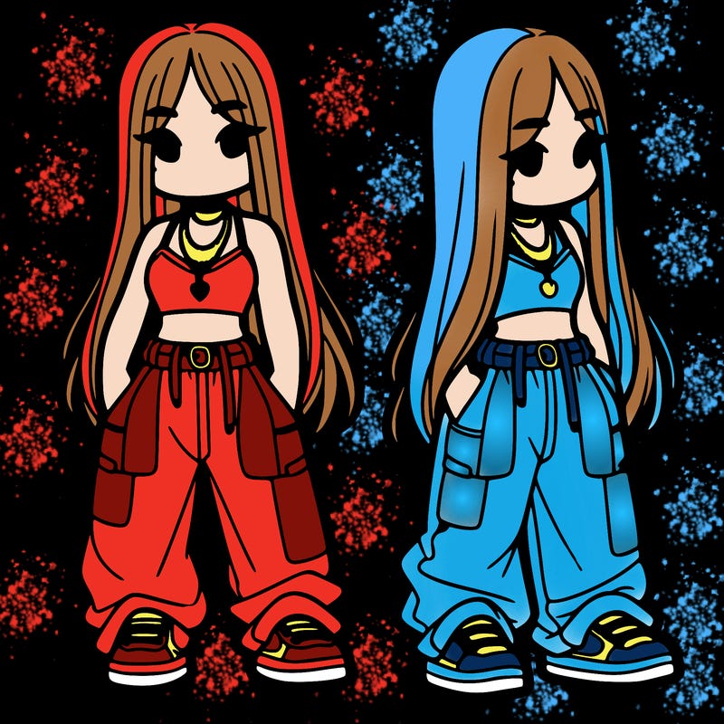 girl in baggy pants crop top and long hair