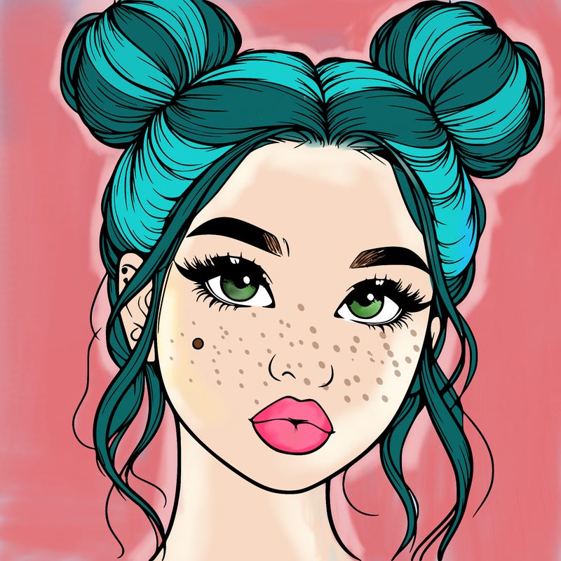 realistic girl with two buns on her hair and lips