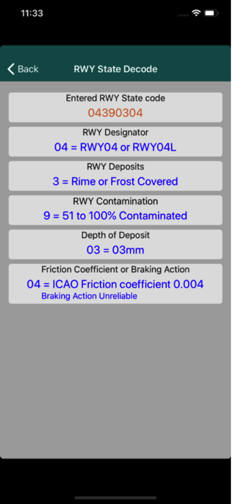 Interface de l'application CX ToolKit affichant l'écran du décodeur d'état de la piste avec les informations décodées concernant la contamination de la piste et les coefficients de friction.