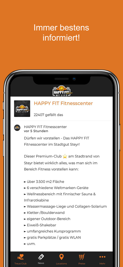 Happy Fit - Tela do aplicativo móvel Happy Fit mostrando um feed de notícias com comodidades detalhadas para um centro de fitness local.