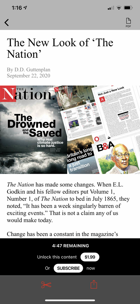 The Nation Magazine - The Nationアプリの記事プレビュー。下部に購読プロンプトが表示された長文ストーリーが表示されます。