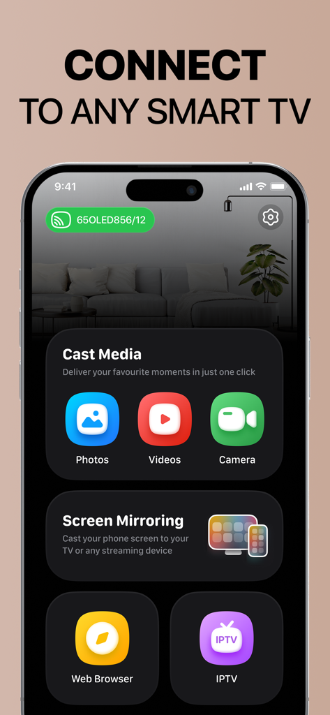 Screen Mirroring App: Smart TV - 스마트 TV용 미러링 및 캐스팅 옵션을 보여주는 iPhone 앱 화면