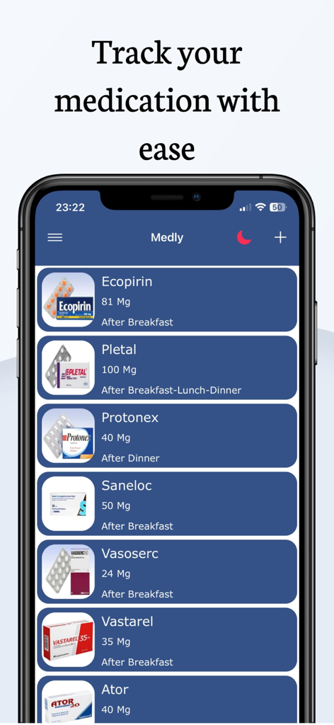 Medly・Medicine Reminder・Alarm - Interfaz de la aplicación Medly que muestra una lista completa de medicamentos con detalles de dosis y horarios