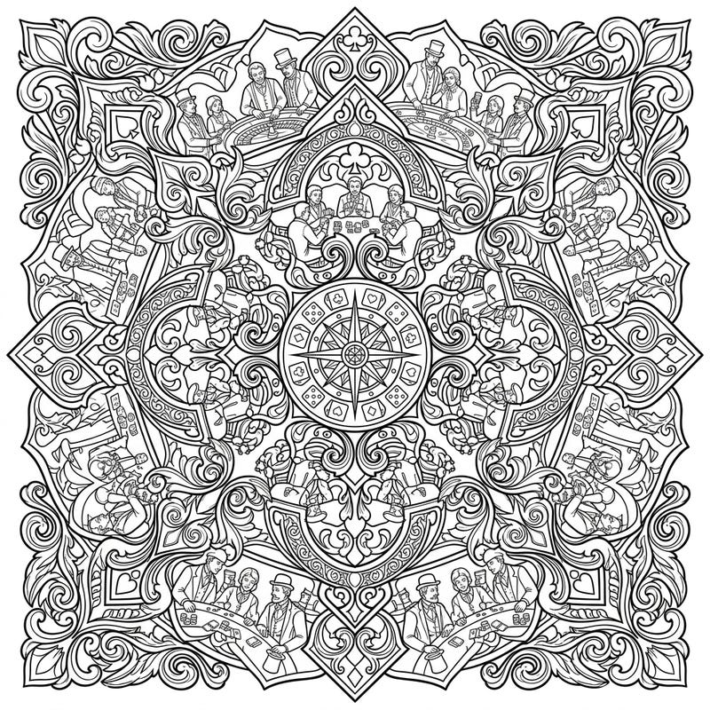 Dive into a world of chance and intricate beauty with this unique Gambler Mandala coloring page. This sophisticated design blends the thrill of classic card games with the meditative art of mandalas, offering hours of detailed coloring fun.