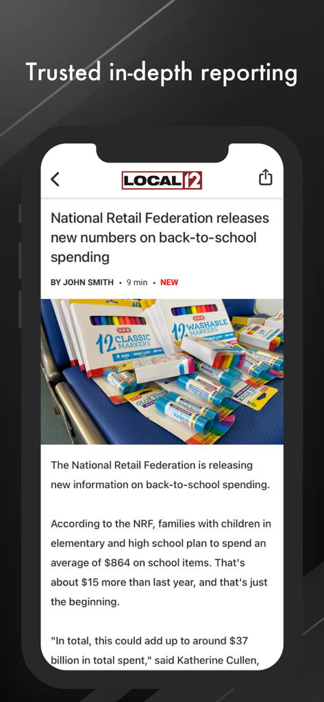 WKRC Local 12 mobile app interface showing a news article on back-to-school spending.