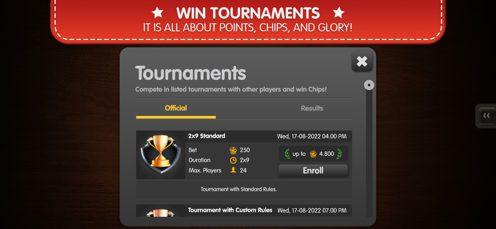 Skat Palace - Skat Palace app tournament selection screen showing official tournament details and entry requirements.