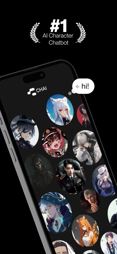 A smartphone screen displaying a variety of anime and realistic AI character avatars within the Chai app interface