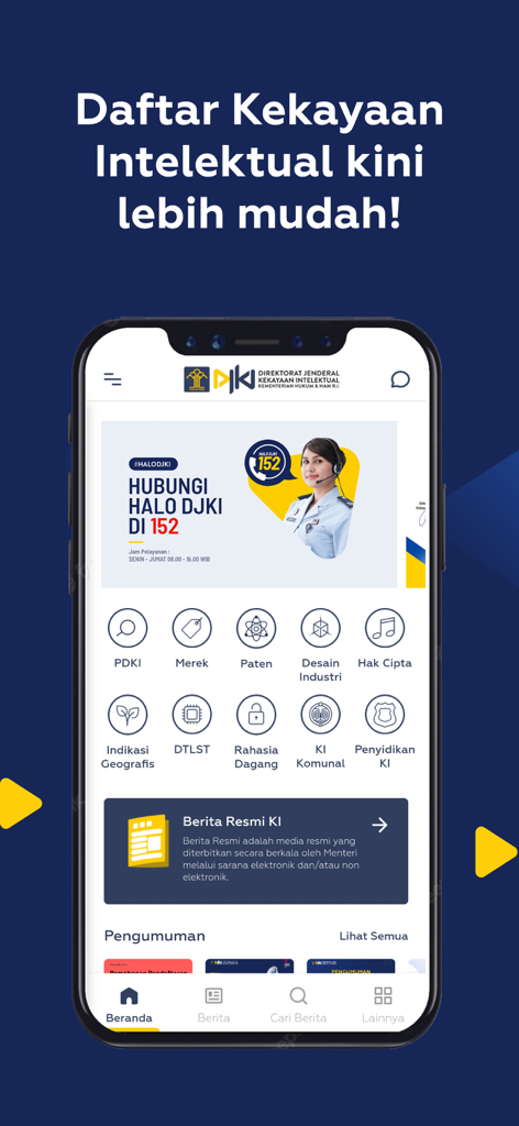 Portal DJKI - Portal DJKI mobile app home screen showing intellectual property categories like patents and trademarks