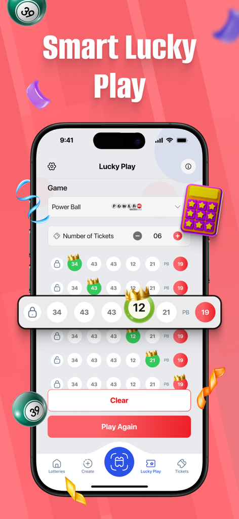 Lottery Ticket Scanner ⁃ Lotto - Smartphone screen showing the Smart Lucky Play feature with PowerBall number combinations