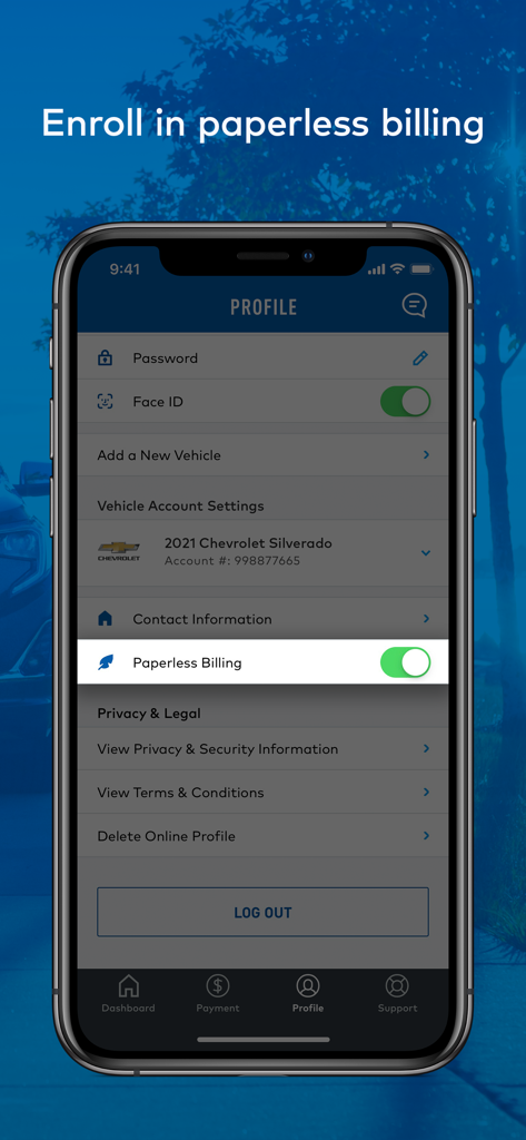 GM Financial app profile screen showing the paperless billing enrollment toggle