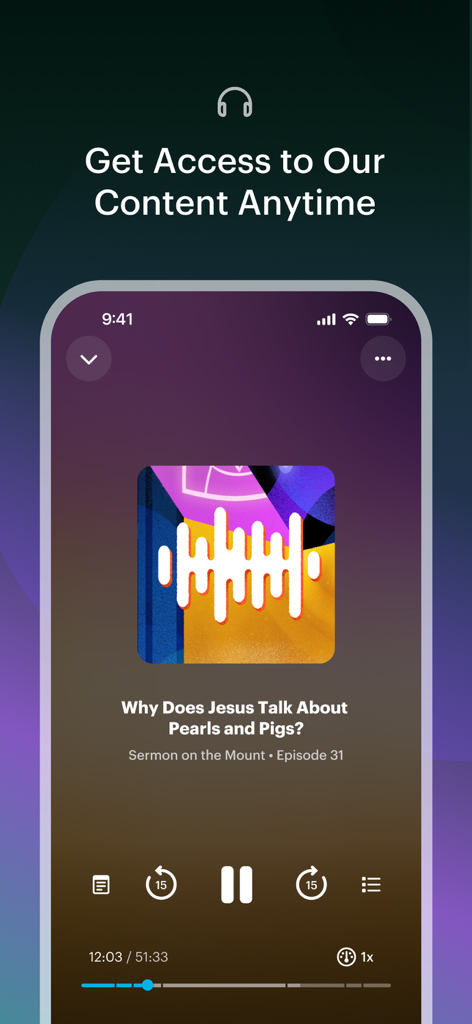 BibleProject app podcast player interface showing an episode titled Why Does Jesus Talk About Pearls and Pigs