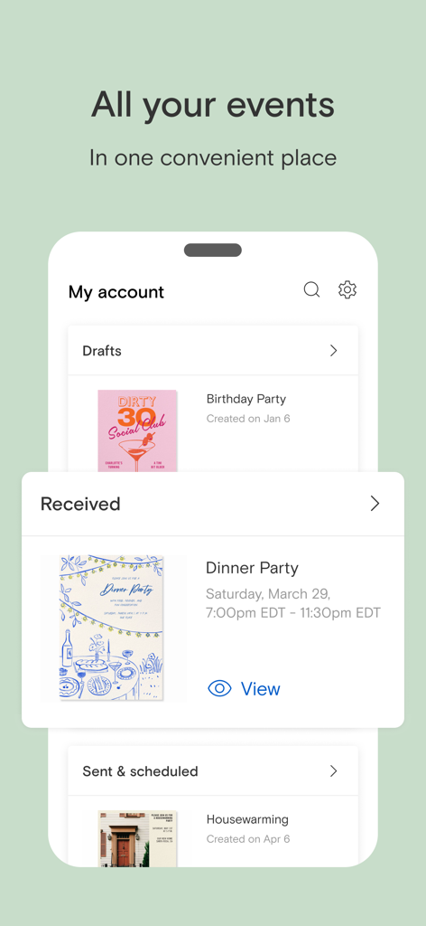 Paperless Post: Invitations - A mobile app interface titled My account showing different sections for event invitations like Drafts and Received.