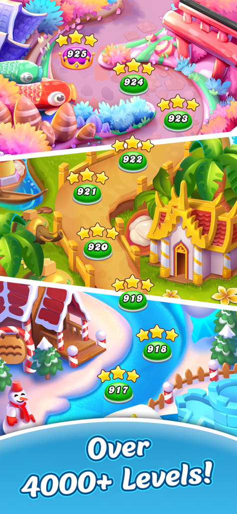 Candy Charming-Match 3 Game - Pantalla de juego de Candy Charming que muestra la progresión de niveles a través de diferentes entornos de mapas temáticos con un texto superpuesto que menciona más de 4000 niveles