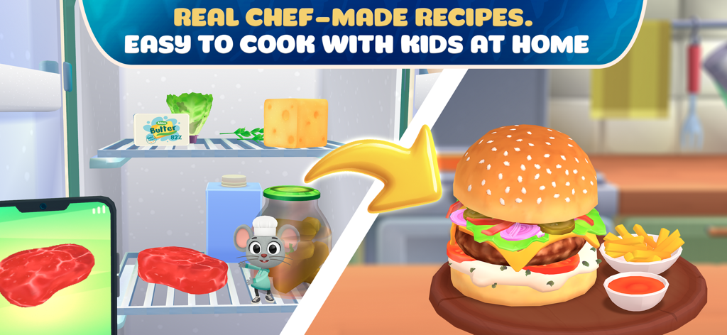 Escena de cocina de dibujos animados con ingredientes frescos en una nevera y una hamburguesa terminada con patatas fritas