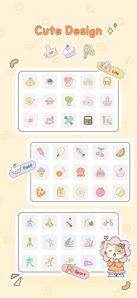 Selection of cute hand-drawn icons for lifestyle food and sport categories in the Days since app