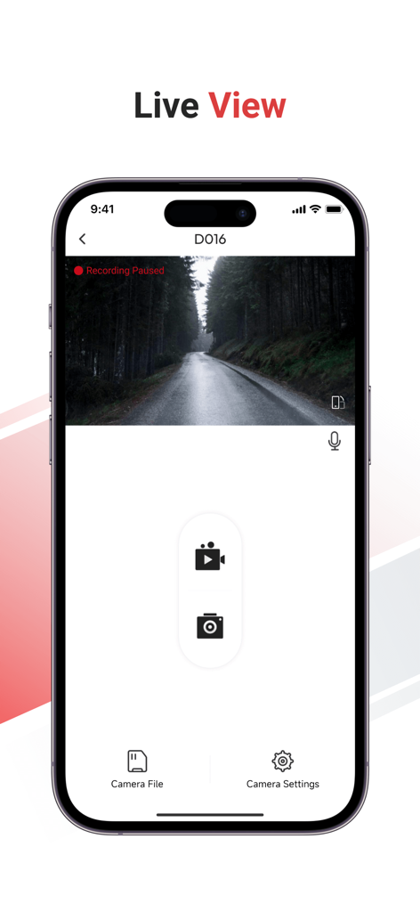 TERUNSOUL app interface showing live dash cam video monitoring of a road