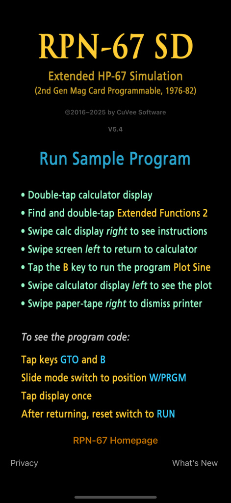 샘플 프로그램 실행 방법에 대한 지침을 제공하는 RPN-67 SD 앱의 튜토리얼 화면