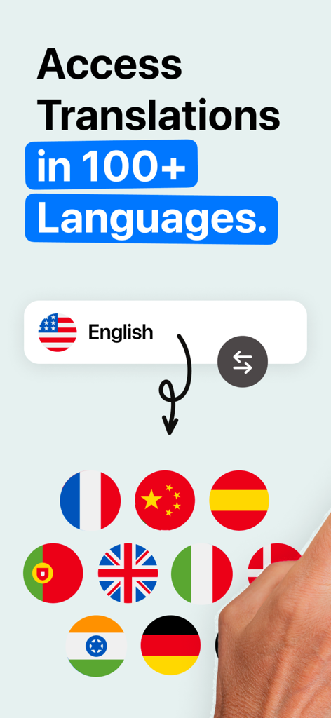 Captura de tela do aplicativo Lingo mostrando acesso à tradução para mais de 100 idiomas com bandeiras internacionais