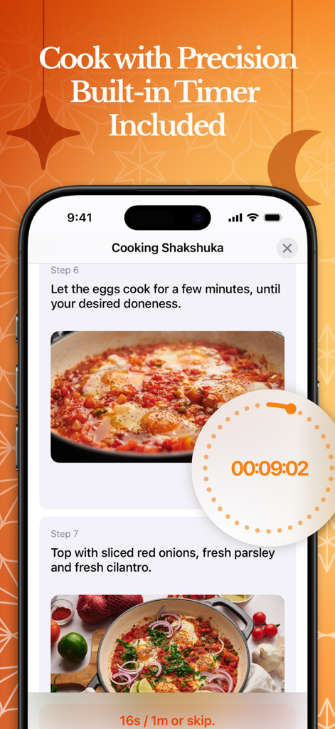 Food Recipes by Arabesk - La aplicación Arabesk muestra un paso de receta de shakshuka con un temporizador incorporado.