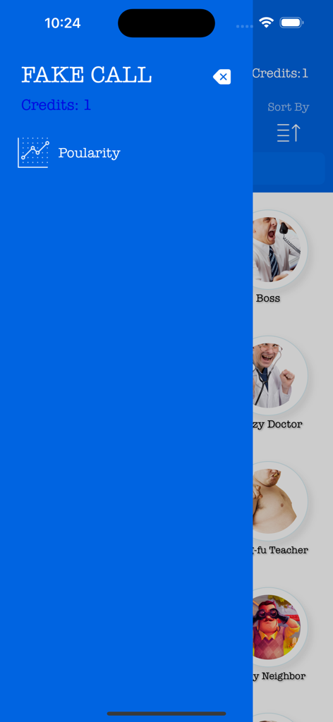 Who's Calling Prank Phone Call - Captura de pantalla de la app Who's Calling mostrando la lista de personajes de llamadas falsas y el menú de ordenación