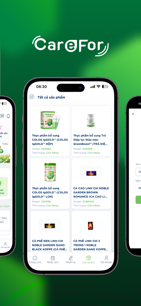 CareFor CSKH - Interface do aplicativo móvel CareFor CSKH mostrando um catálogo de produtos de saúde e bem-estar como Colos IgGOLD.