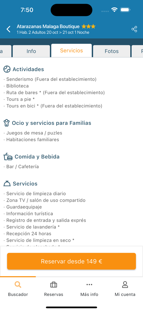 QueHoteles.com - QueHoteles app screen displaying hotel amenities and booking options in Spanish