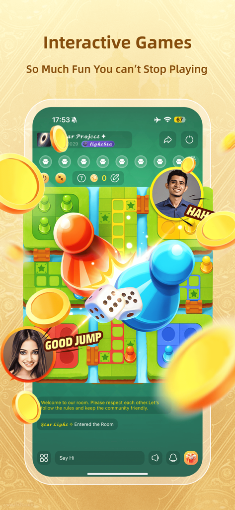 Ohma: Games and Party - Interface de usuário de um jogo de tabuleiro interativo no aplicativo Ohma com avatares de jogadores e balões de chat ao vivo