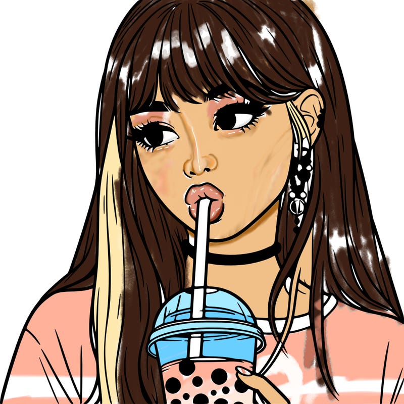 aesthetic realistic girl drinking boba