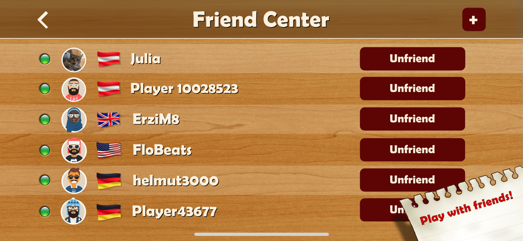 Thirty One | 31 | Scat | Blitz - Thirty One card game Friend Center screen showing a list of online friends with avatars and country flags