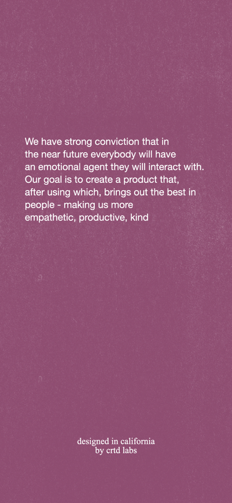 izzy & friends - Text screen from the izzy & friends app explaining its vision for emotional agents that promote empathy and productivity.