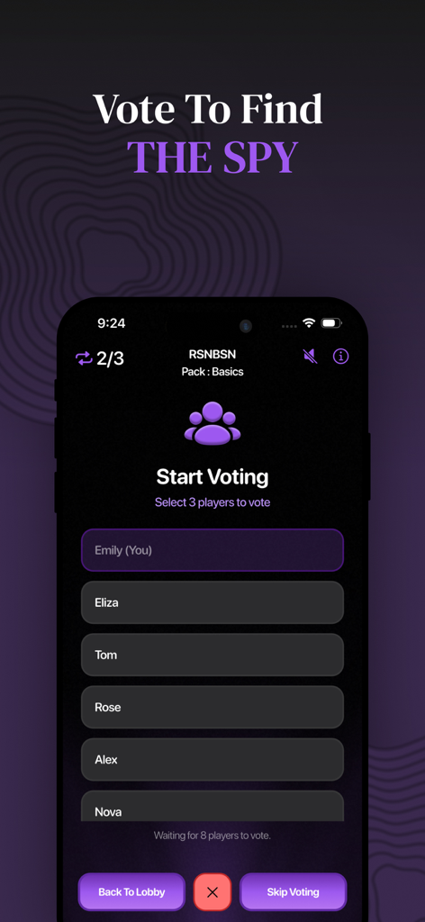 Spy Game - party impostor game - Ein Handybildschirm, der die Abstimmungsphase in der Spy Game Party-Betrüger-App mit einer Liste von Spielern zeigt