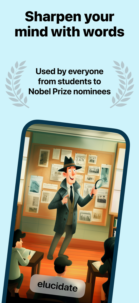 Illustrated vocabulary app screen featuring a detective character and the word elucidate