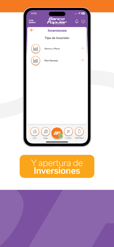 Interface of the Banca Movil BPDC app displaying investment options including Ahorro a Plazo and Plan Naranja