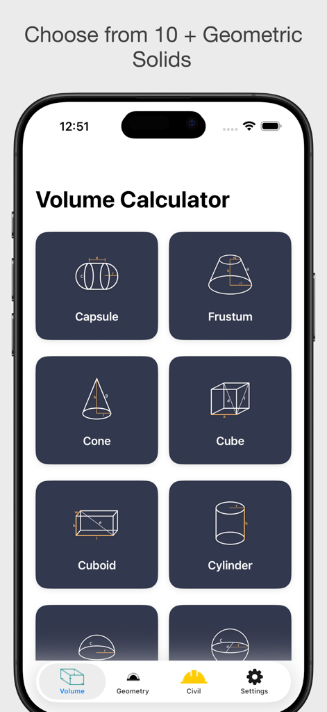 Volume Calculator 3D - Menu of various geometric solids in the Volume Calculator 3D app interface
