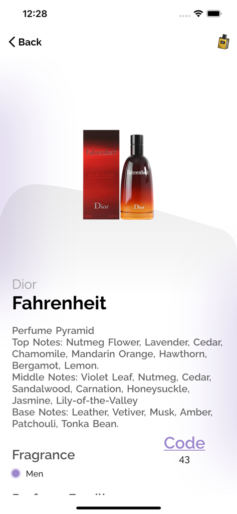 Detailliertes Duftprofil für Dior Fahrenheit, das Kopf-, Herz- und Basisnoten in der Perfumes Book App zeigt
