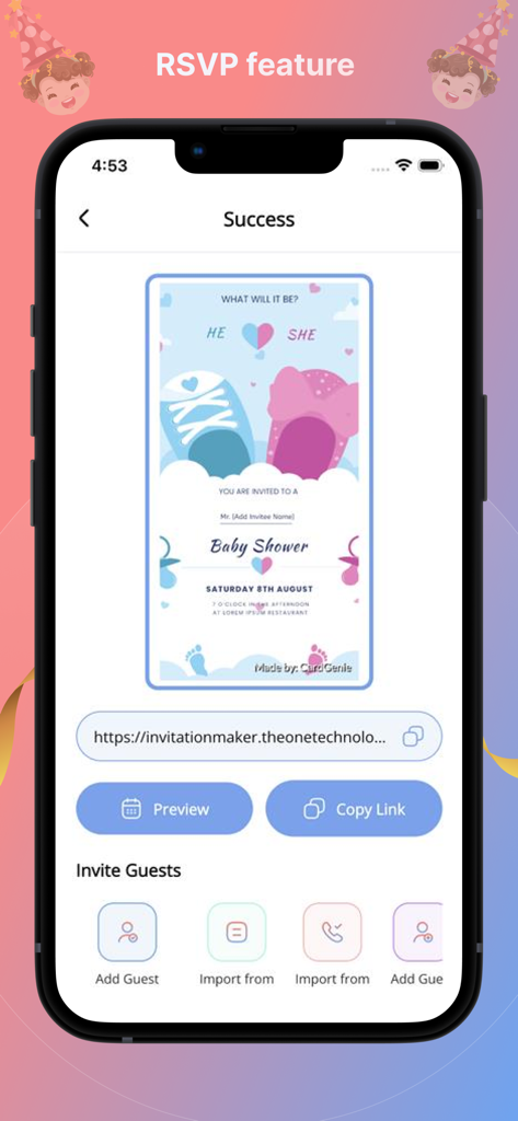 Invitation Design & Card Maker - Mobile screen of CardGenie app showing RSVP management and guest list features for a baby shower invitation design.