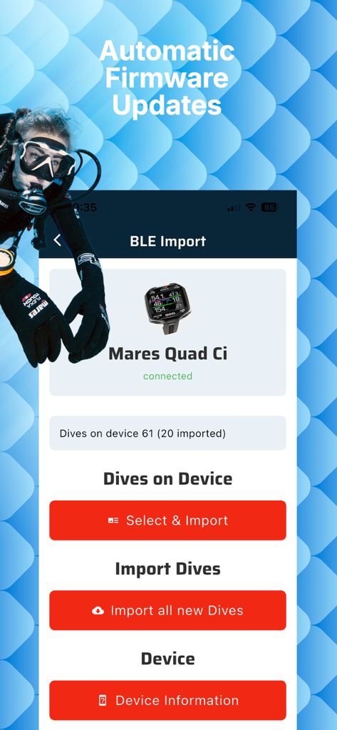 Mares App BLE Import screen showing options to sync dives and check firmware for the Quad Ci dive computer