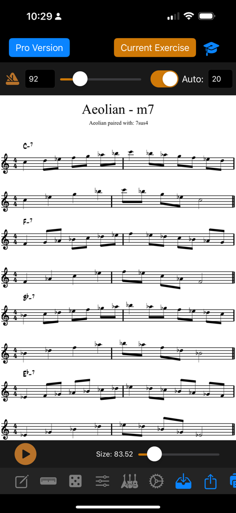 Tessitura Pro Scales - La aplicación Tessitura Pro Scales muestra notación musical para un ejercicio de escala menor 7 de Aeolian en múltiples tonalidades