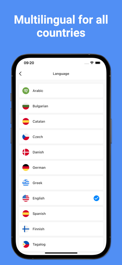 国旗付きのサポートされている国際言語のリストを表示するThaiGoアプリの言語選択メニュー。